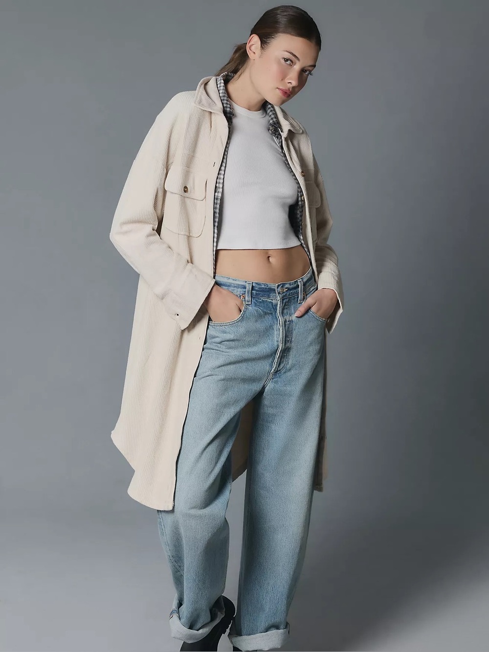 Anthropologie Pilcro Long-Sleeve Corduroy Duster Shacket Cream Small